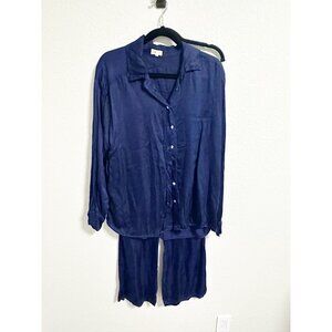 Donni‎ 2 Piece Silky Set Button Up Longsleeve and Pant Navy Large